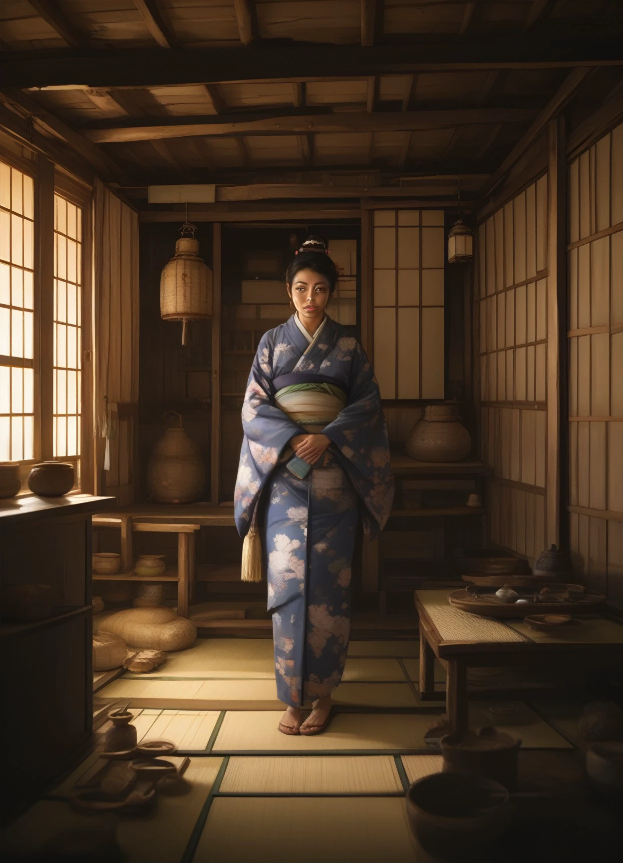 japanese woman, curvy, kimono, jptradhut, night, indoors, clutter, depth of field, score_9, score_8_up, score_7_up, score_6_up,  <lora:jptradhut:1>