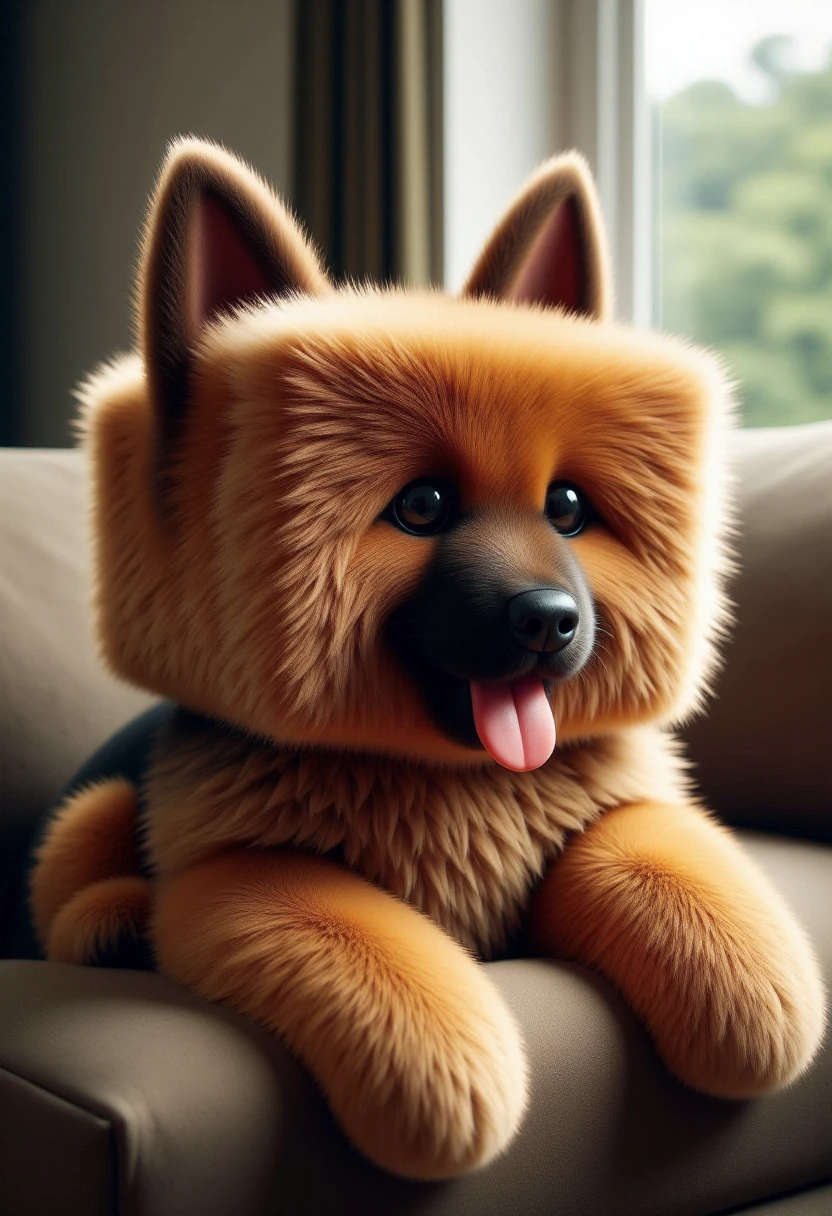 <lora:Cubic_Creature_Creator_FLUX:1>
The image is a highly detailed, digital artwork featuring a stylized, anthropomorphic german shepherd. The dog is depicted with a unique, cube-shaped body covered in a thick, fluffy coat of fur that resembles a piece of fabric or upholstery. It is lying on a couch.