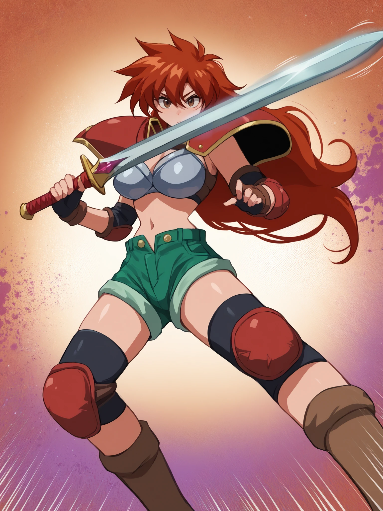 detailed, masterpiece,HDR, detailed sharp, good best quality, highres,
1girl, solo,
large breasts,
comic style, lineart,
nature,dynamic pose,
outdoors, nature,
Victory, Red hair, green eyes, spiked hair, messy hair, pointy ears, dark skin,
armlet, armor, bikini armor, bracelet, detached sleeves, fingerless gloves, hoop earrings,jewelry, neck ring, thighhighs, boots,
(holding weapon), <lora:Victory_v03A-000003:0.80>
(dynamic weather, dynamic colors),((rain)),