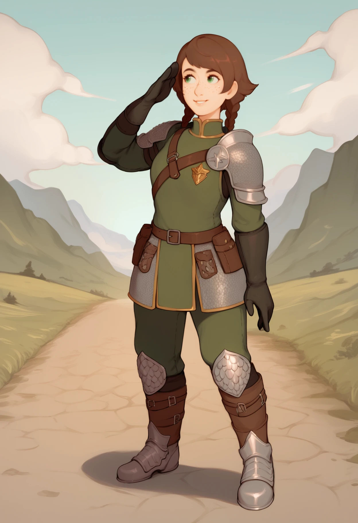 score_9, score_7_up, <break> solo, 1girl, freckles, light smile, looking away, standing, salute, short hair, brown hair, twin braids, green eyes, shoulder armor, chainmail, black gloves, greaves, sheath, cloud, outdoors, path
 <segment:yolo-face_yolov8m.pt,0.4,0.5//cid=1>