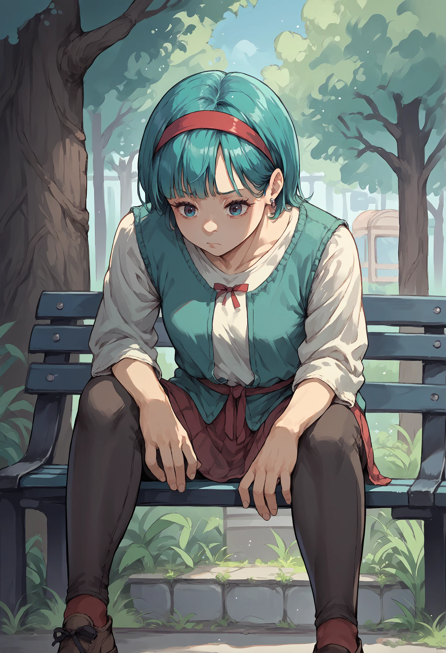 score_9, score_8_up,score_7_up, source_anime, solo, 1girl, 
sdknpb, sitting on bench, outdoors, park bench, hand on own knee, sad, leaning forward, 
bulma, aqua hair, green hair , blunt ends,  medium hair, red  hairband  , stud earrings,
<lora:sdknpb_pdxl_EliPot:1>