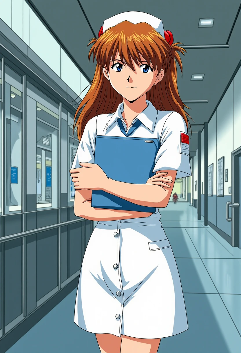 A detailed solo portrait of ppasuka
Anime style, sharp, high contrast and highly detailed.,.
 <lora:evangelion_asuka_langley_flux_v1_2-000010:0.9>
She is standing in the lobby of a modern hospital, holding a folder. She wears a white nurse uniform and a matching nurse cap.
She looks at the camera with a gentle smile.
 <lora:Nurse Anime V3_epoch_3:1>