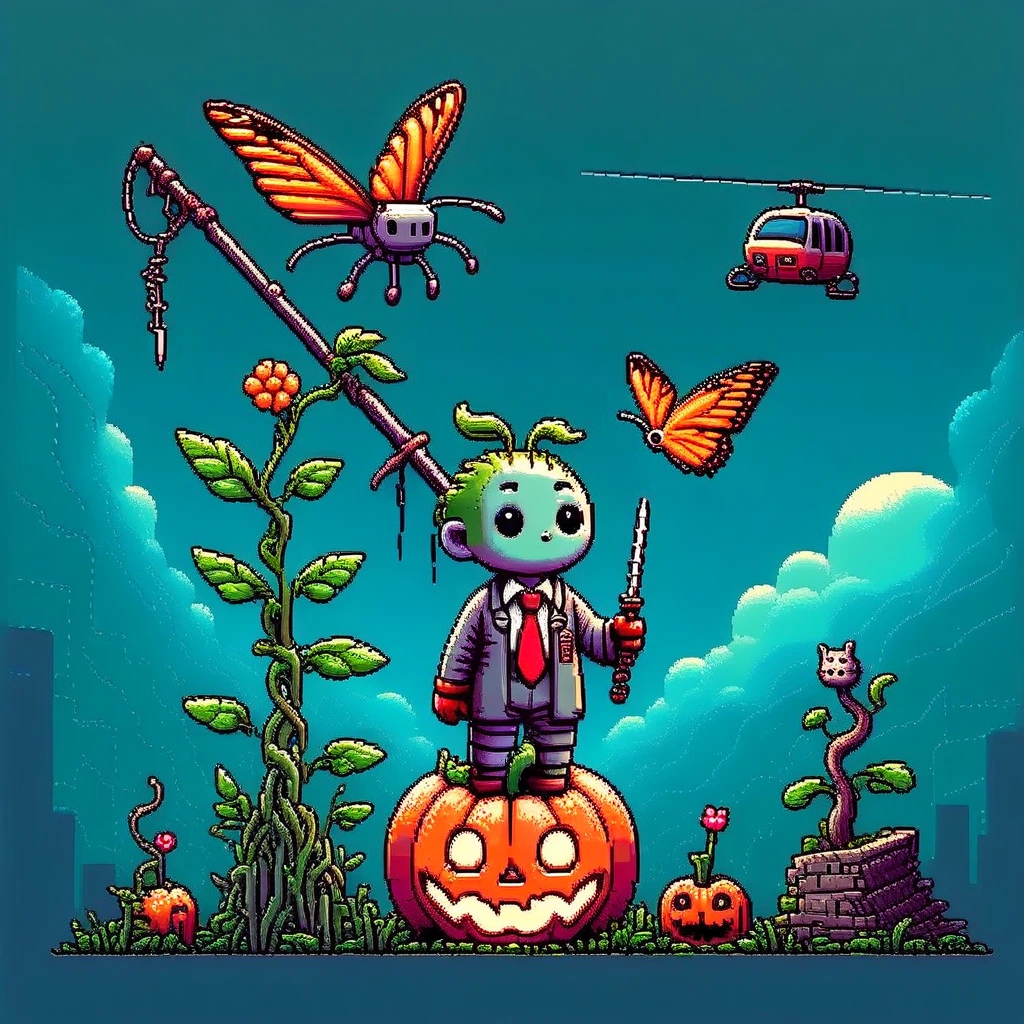 holding flower, cloudy sky, spiked hair, non-humanoid robot, abs, holding staff, butterfly, jacket, red gloves, pumpkin, necktie, antennae, ponytail, cat, helicopter, branch, planted sword, looking back, flying, wind, night, spear