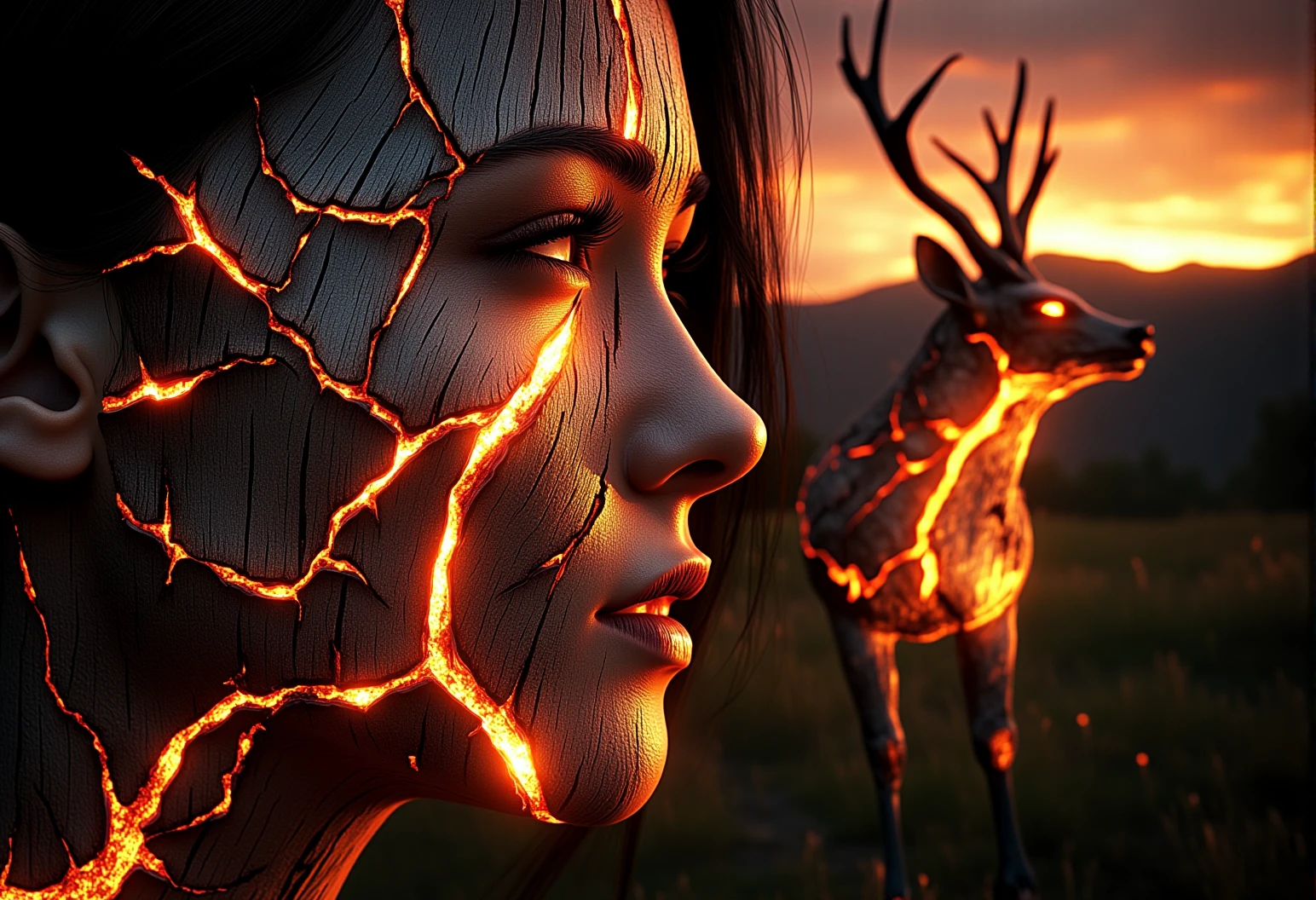 A close-up of a young woman whose skin is partially embellished with glowing wood veins that flicker softly in the light, her eyes open and expressive, her hair flowing softly|A close-up of a tree with ember-like veins glowing faintly against a fiery twilight sky, small patches of bark showing faint glowing wood, gently illuminating the scene}|A wide-angle shot of a majestic deer standing in a glowing forest, its antlers subtly adorned with glowing wooden cracks}|A panoramic view of a glowing wooden temple at dusk, flickering embers within the wooden veins of the structure, glowing faintly as the light fades}|A massive dragon flying over a mountain range at twilight, its scales partially transformed into glowing wooden textures, veins of soft embers flickering across its body|A mythical phoenix rising from glowing wooden ashes, its feathers lightly adorned with glowing wooden patterns, flickering like embers}} Epic cinematic lighting, soft glowing wood textures, subtle embers, dramatic shadows, backlit glow, high contrast, silhouetted figures against light, deep focus, ultra-realistic details, vivid colors, high dynamic range, volumetric lighting, breathtaking scale, photorealism, hyper-sharp focus, intricate details, stunning cinematic atmosphere. , <lora:bv-glowing-wood-v1.safetensors:1.0:1.0>