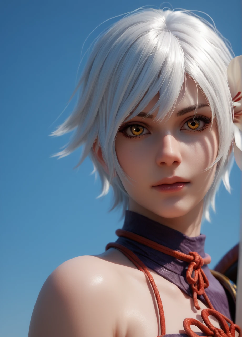 <lora:Nier_Kainer-PONY:1> realistic 3D, 1girl, solo, white hair, hair flower, yellow eyes, short hair, kainesamurai, asymmetrical clothes, japanese armor, portrait, looking at viewer, wind, side view, blue sky, score_8_up, score_7_up, score_6_up, score_5_up, score_4_up,