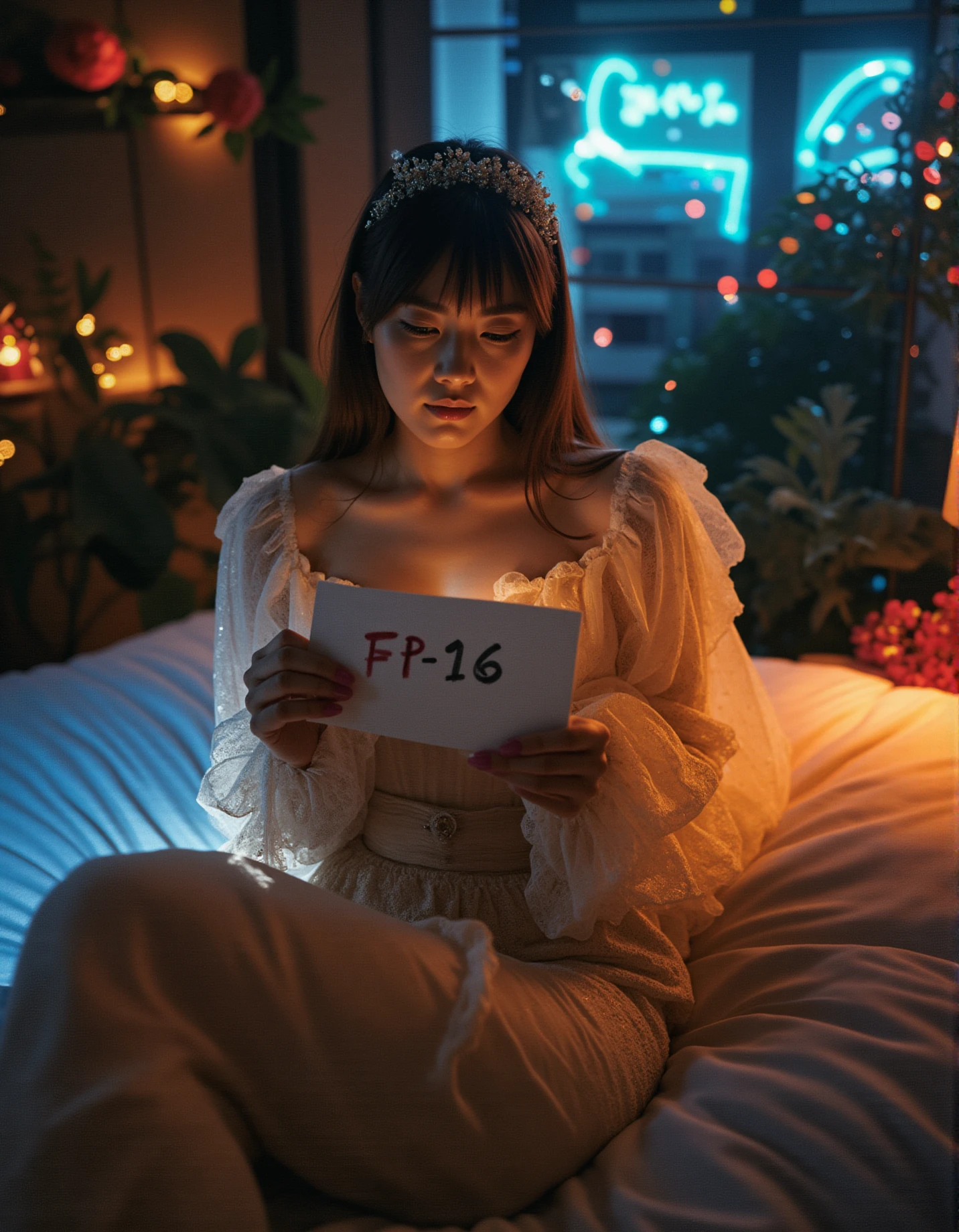 (A woman sitting comfortably on a cozy bed, holding a piece of paper printed "FP-16" in bold and hand draw style), The lighting is a combination of gel lights that cast a mystical, colorful glow over the scene, reminiscent of a Kodak Portra 400 film's vibrant and rich tones. The intricate details of her outfit and the mesmerizing environment around her are captured with a mastery that blurs the line between reality and fantasy, creating a masterpiece that feels both otherworldly and grounded in raw beauty The natural light highlights her confident posture and elegant features, contrasts beautifully with her modern, stylish appearance. The atmosphere is serene, with the warm sunlight casting soft shadows and enhancing the overall balance between youthfulness and cultural heritage in the composition. Delicate flower and plant arrangements adorn her surroundings, bathed in dynamic chiaroscuro's dramatic play of light and shadow. High-resolution details reveal perfect anatomy, drawing the viewer in with its awe-inspiring beauty. The scene is centered, radiating an atmosphere of mystery as the subject's captivating pose fills the frame. With a smooth, sharp focus, the illustration bursts forth in high definition, accent lighting casting an otherworldly glow amidst contrasting bright paint colors on concept art. She gazes thoughtfully at the paper, her expression a mix of contemplation and curiosity. The room is softly lit, with warm, ambient lighting that enhances the serene atmosphere, casting gentle shadows that add depth to the scene. The overall mood is peaceful and introspective, with the focus on the woman and the mysterious message on the paper, inviting the viewer to wonder about its meaning