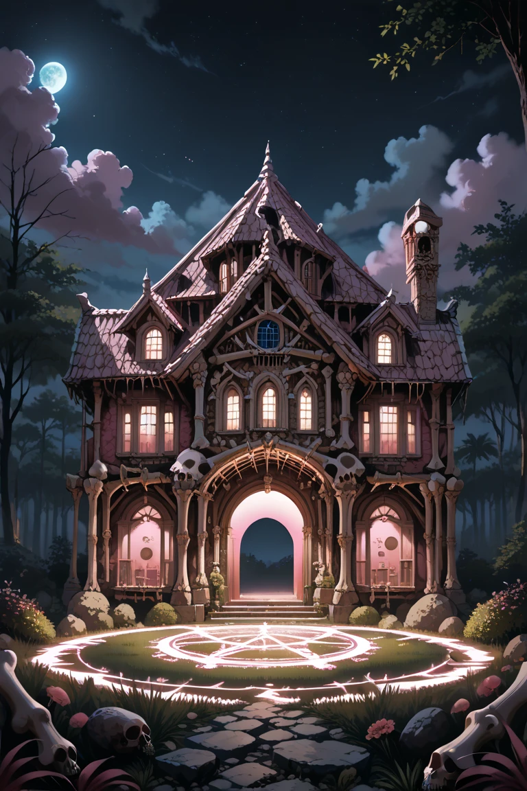 score_9, score_8_up, score_7_up, source_anime, rating_safe, night, dark, magic circle, natural lighting, bone-structure focus, Dabone, Dabone_architecture, no humans, bone, intricately detailed illustration, atmospheric perspective, depth of field, realistic shading, pink theme, horror (theme)