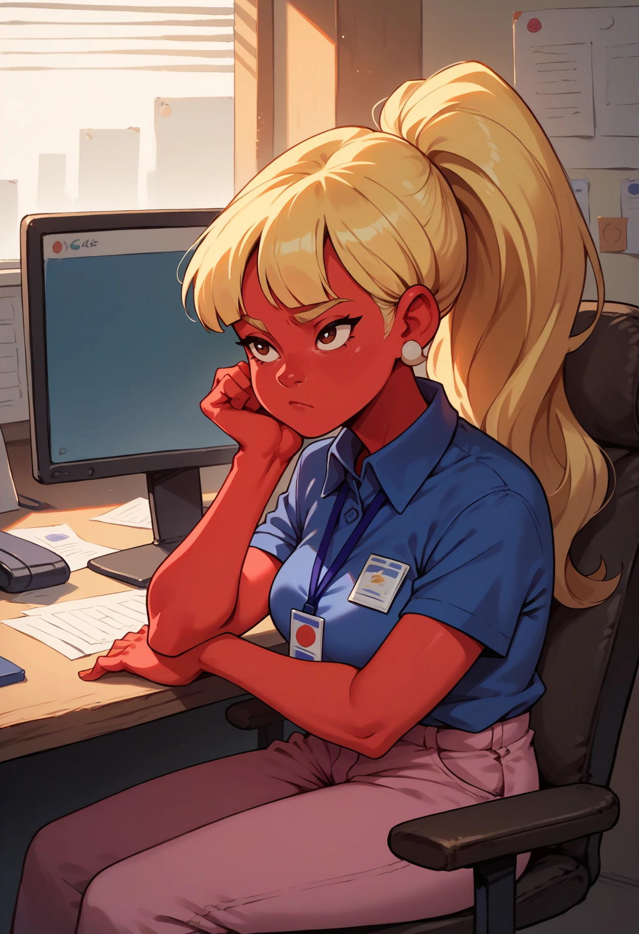 score_9, score_8_up, score_7_up, 1girl, sitting, bored, head rest, <lora:JackieGoingUnder-pdxl:1> jackie, blonde hair, high ponytail, long hair, blunt bangs, red skin, brown eyes, white earrings, blue shirt, collared shirt, medium breasts, short sleeves, lanyard, pink pants, office, desk, computer, chair