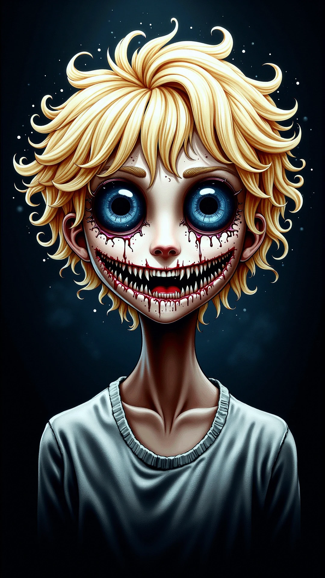 a photorealistic dark horror violence maw young boy, blonde hair, happy eyes, smile, gorgeous, amazing, delicate, elegant, intricate, highly detailed, watercolor, portrait, artstation, concept art, sharp focus, illustration, art by artgerm and greg rutkowski and alphonse mucha <lora:DarkmosphericFlux:0.65> professional studio photography