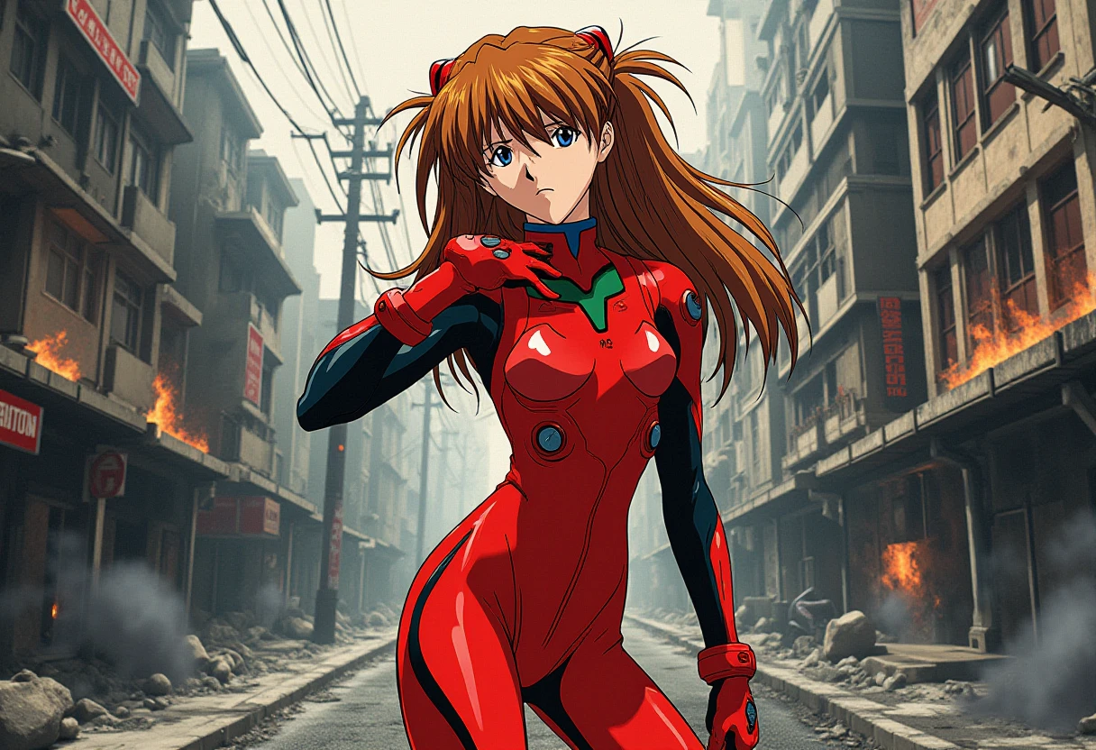 A detailed solo portrait of horaki hikari
Anime style, sharp, high contrast and highly detailed.,.
 <lora:evangelion_asuka_langley_flux_v1_2-000010:0.9> ppasuka
ppasuka stands on a war charring street. She wears red plug suit. She has a serious face. She puts her right hand on her left shoulder, her upper body bowing forward, panting in pain, as she has been injured. However, she seems determined and is ready to fight till the end. Zoomed out, show her full body.