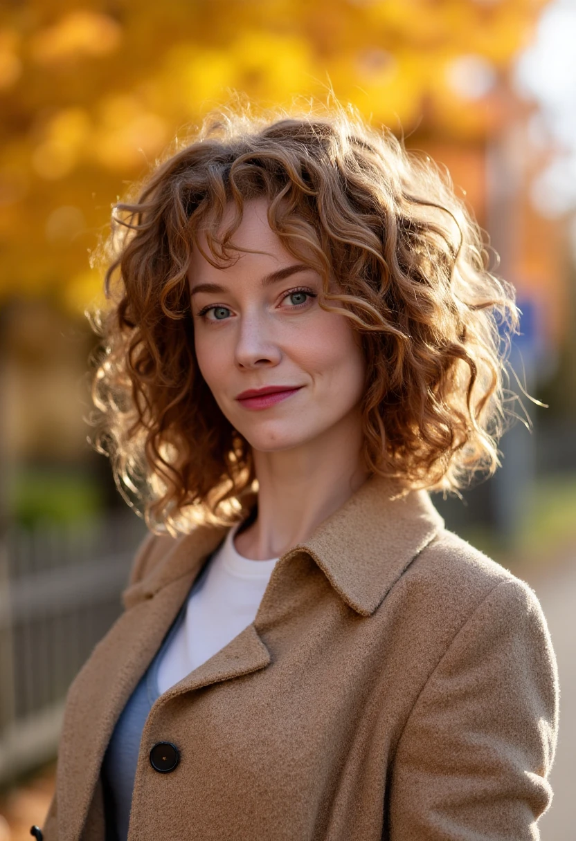 an amateur photo of sinavaleskajung, a 40 year old woman with medium-short hair, wearing lipstick and modest casual autumn clothes on a sunny autumn day.