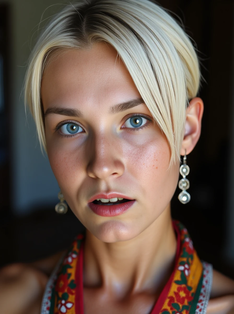 close up of a woman, she has sleek short platinum-blonde hair with a straight style, with blue eyes, her skin has a high detailed texture and shows details like moles, small hairs and pores. She is wearing a Karen hill tribe's traditional dress with a brightly colored tunic, silver neck rings, and handwoven skirts, showcasing ethnic identity. Her expression is aroused, she is looking at viewer. Set inside, with natural lighting. <lora:clairelora-000012:1>