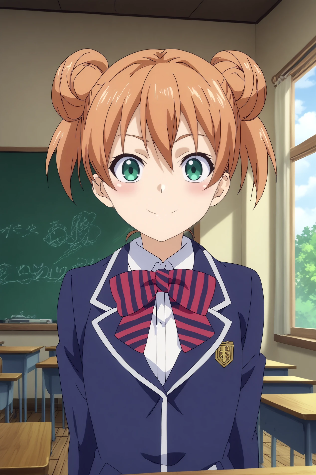  yuki yoshino,1girl,solo,looking_at_viewer,smile,blush,upper body,double bun,hair bun,school uniform,short hair,jacket,stripped bow,bow,twintails BREAK indoors,japanese classroom,classroom,simple decor, organized shelves, neat rows, kanji on the board,windows,blue sky,Wooden floors, low desks, chalkboard, sliding doors, sunlight, quiet, neat rows,cowboy shot   <lora:Yuki_Yoshino_-_Food_Wars.safetensors:0.8> <lora:detailed_backgrounds_v2.safetensors:0.8>