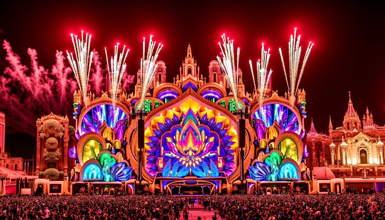 3dm_f35t1v47, illuminated by colorful lights and fireworks in the sky. the stage is surrounded by trees and buildings