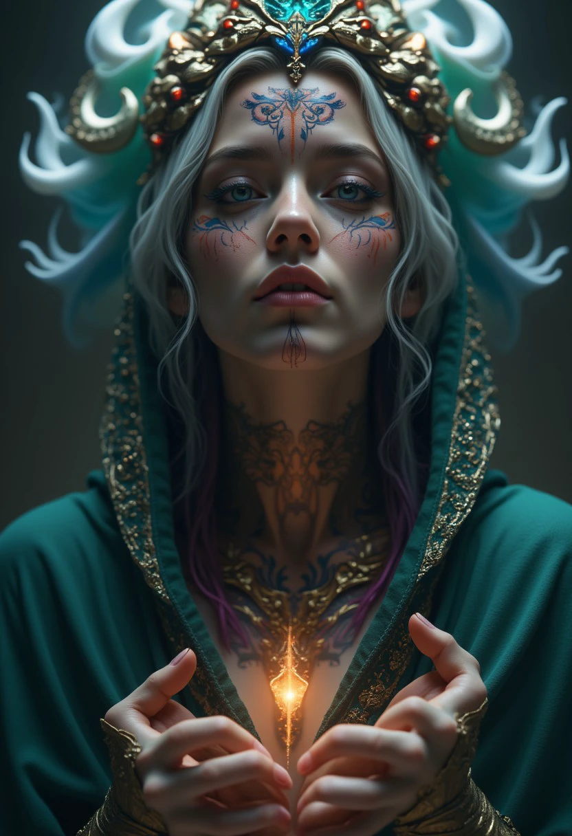 MASTERPIECE, 1girl, 18y.o., sublime facial expressions, intricately textured skin with subtle goosebumps, realistic skin noise, visible pores, soft skin fuzz, radiant glow, ornate tattoo, rim lighting, vibrant details, hyper-realistic, elegant hands, detailed facial muscles, in a flowing, intricately patterned cloak, 8k resolution concept art portrait inspired by Gottfried Helnwein, with super fine details, abstract beauty, sharp focus, intricate textures, cinematic lighting, and a rich, apocalyptic color palette with blue, white, green, red, and purple tones, in a luxurious, epic, and regal style, from a low angle, with an unfinished, yet pure and intricate form.