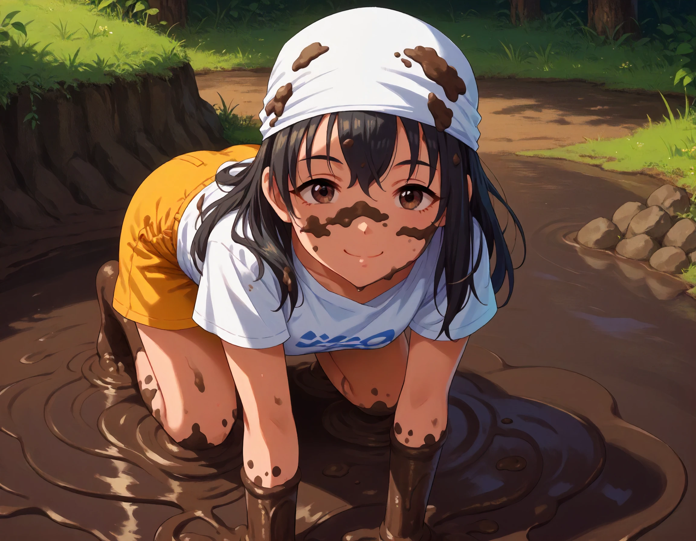 score_9,score_8_up,score_7_up,1girl,solo,all fours,smile,closed mouth,looking at viewer,wam,mud puddle,
<lora:fujiwarahajime_ponyXLV6:0.8>,cgfh,
black hair,medium hair,brown eyes,
mud on body,mud on face,white bandana on head,white T-shirt,yellow shorts