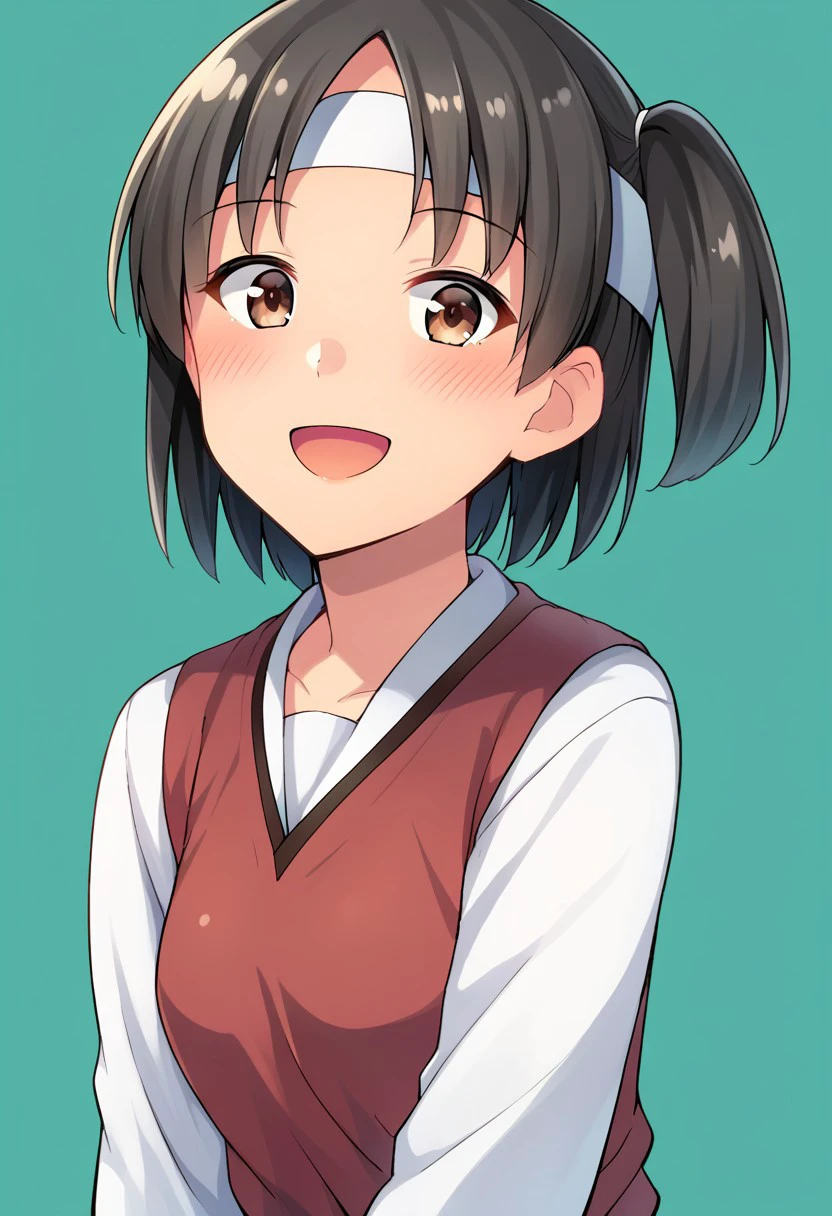 score_9, score_8, score_7, source_anime, nagara (kancolle), 1girl, solo, one side up, looking at viewer, headband, blush, open mouth, smile