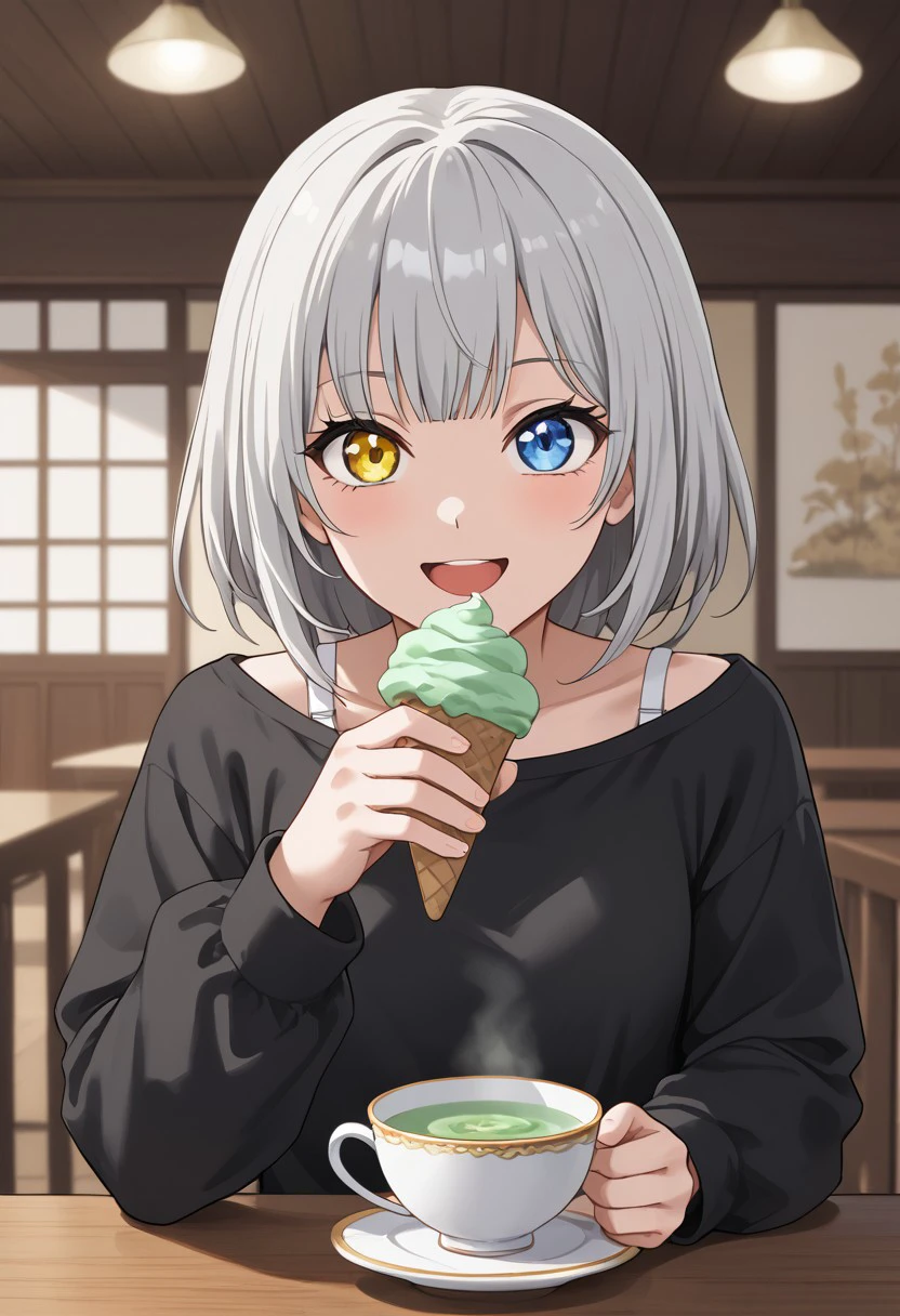 (masterpiece), best quality, expressive eyes, perfect face, raana, white hair, grey hair, (yellow eyes:1.1), (blue eyes:1.1), heterochromia, looking at viewer, smile, green tea ice cream, black shirt, long sleeves, white bra strap, happy, upper body, open mouth