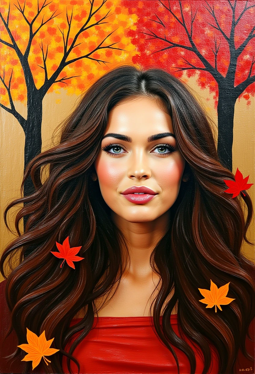 woman, light makeup,Expressionistic abstract painting utilizing a rough palette knife technique depicting the face of a woman with long flowing hair in the fall. The autumn theme is respresented through primary use of the colors red, orange and brown as well as autumn trees and leaves