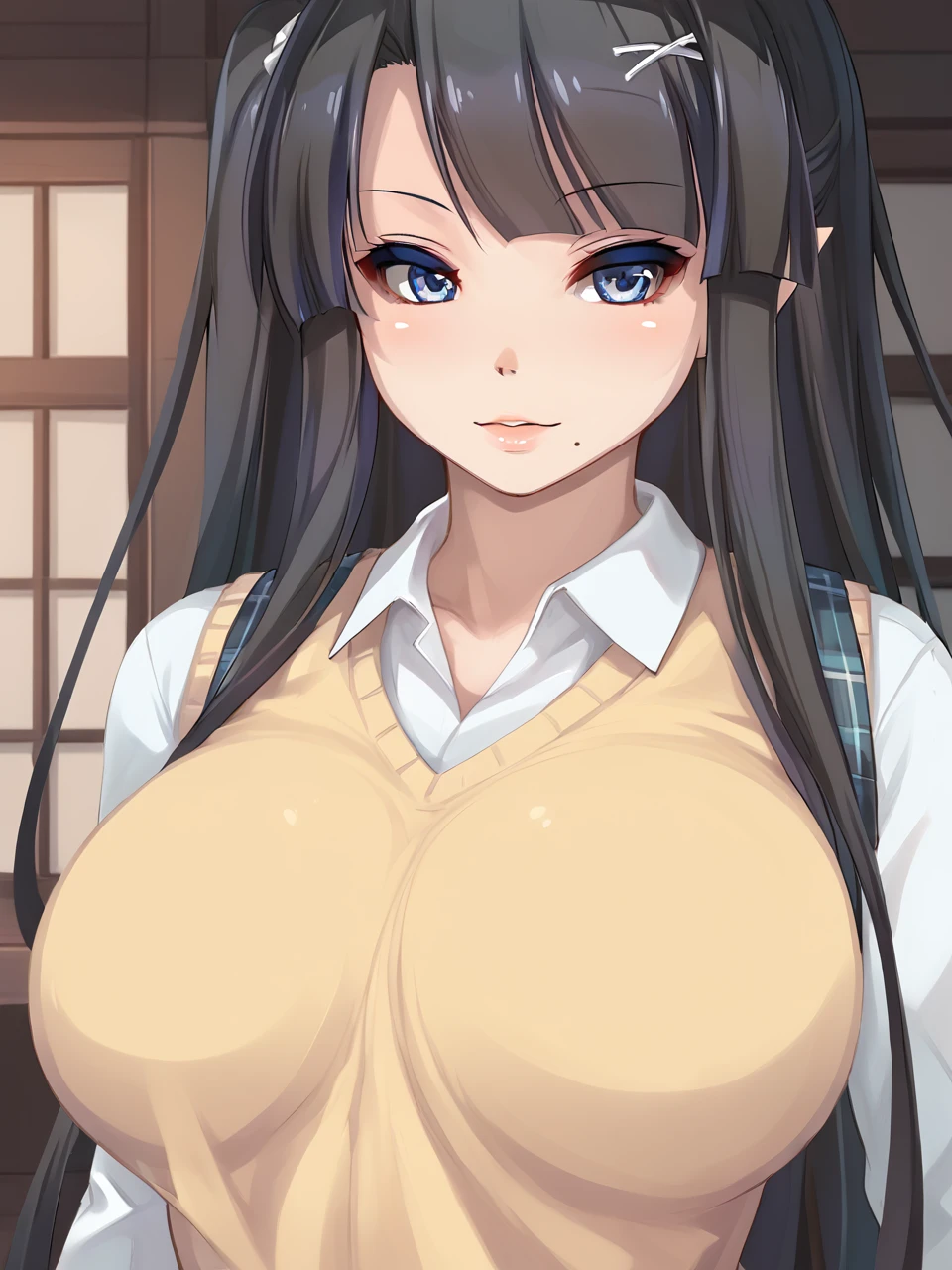 score_9, score_8_up, score_7_up, 1girl, detailed background, in a japanese house, front view, face shot, portrait, close up, solo, high quality, myusca, succubus prison, myusca from succubus prison, succubus, very long hair, blue eyes, black hair, pointy ears, mole, large breasts, hair ornament, skirt, school uniform, shirt, one side up, plaid skirt, sweater vest
