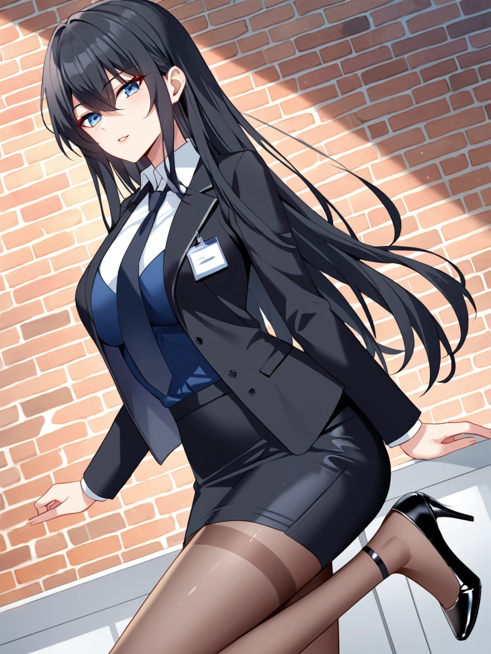 score_9, score_8_up, score_7_up, 1girl, detailed background, looking at viewer,  solo, high quality, softrice, weinan, brick wall background, solo, long hair, large breasts, black hair, blue eyes, skirt, hair between eyes, jacket, black pantyhose, necktie, collared shirt, black footwear, mole, high heels, black jacket, formal, suit, office lady