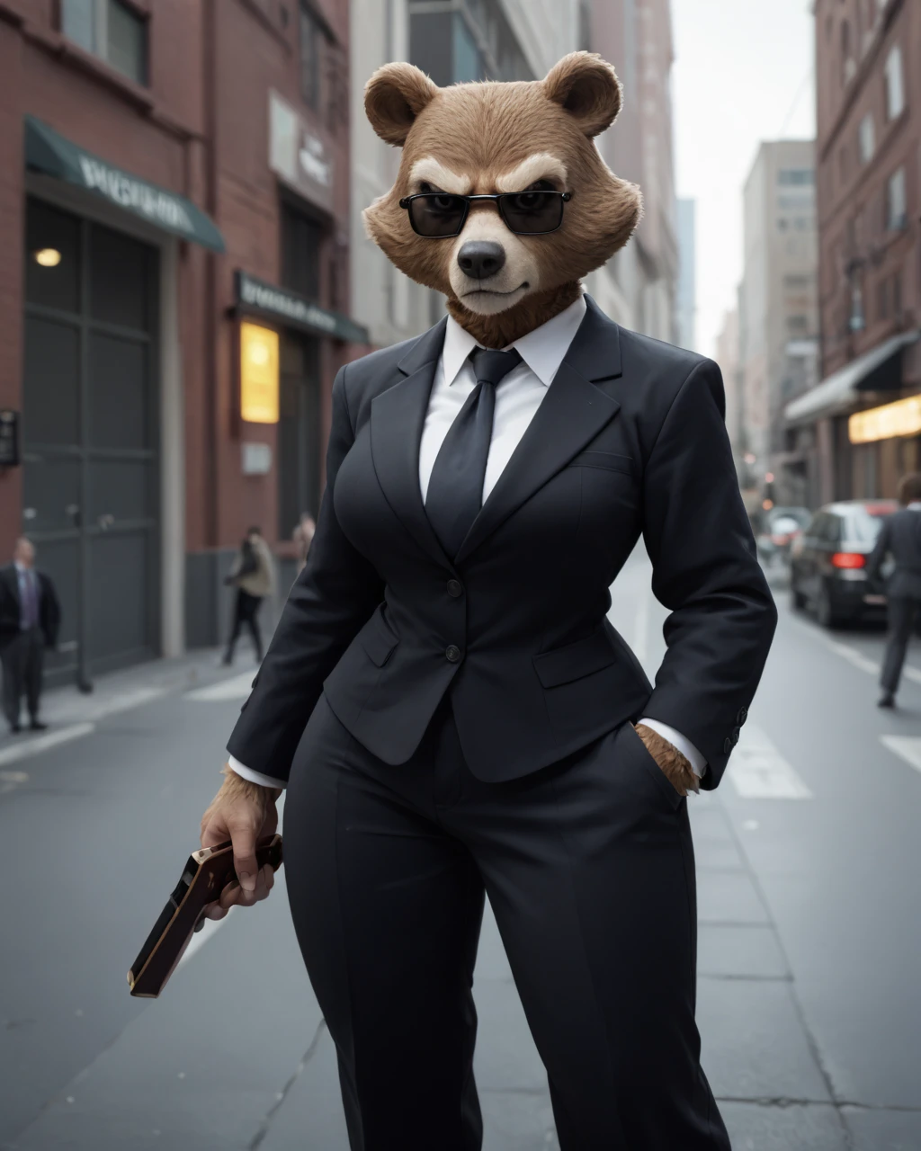 a serious female bear with big breasts, brown fur, wide hips, wearing a black blazer and necktie, black dress pants, black shoes, loafers, black sunglasses, 
in front of the J Edgar Hoover building FBI  headquarters
in a city, washignton dc, score_9, score_8_up, score_7_up, score_6_up, score_5_up, score_4_up