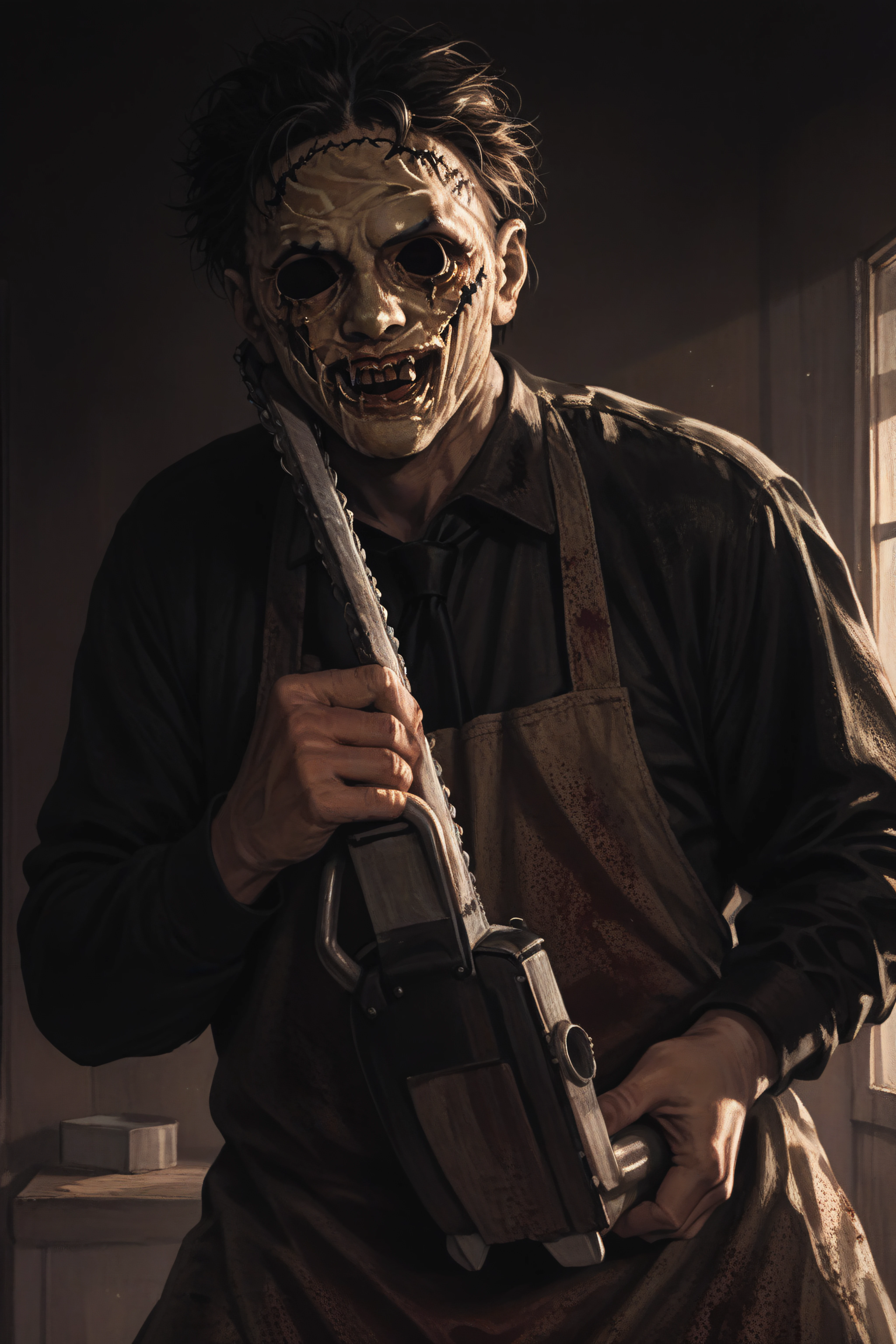 score_9, score_8_up, score_7_up, score_6_up, source_anime, <lora:Leatherface-PonyXL-lora-Faxtron:1> leatherface, 1boy, holding chainsaw, horror \(theme\),