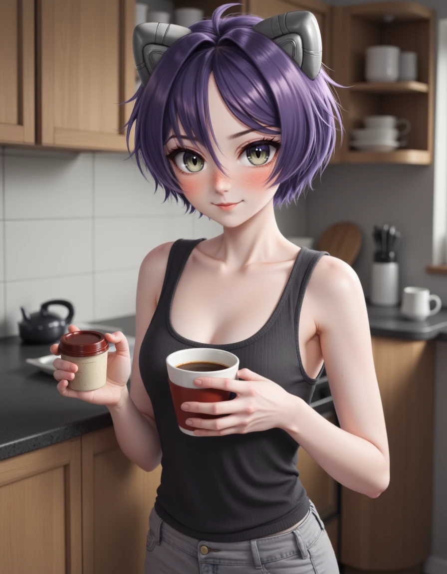 <lora:jeanfaymas-flux:1> jeanfaymas, This is a <lora:real-lora:1.2> (ultrarealistic:1.2) photo of a woman with short, purple hair, styled with two light gray head accessories. she has gray-green eyes and is wearing a tank top and shorts. She is standing in a kitchen, holding a coffee cup. she is smiling slightly