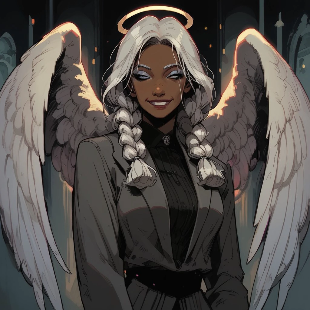 score_9, score_8_up, score_7_up, BREAK, 1woman cowboy shot, beautiful, dramatic lights ((Angel, angel girl, dark skin, dark skinned female, white hair, twin braids, angel wings, feathered wings, suit, grey suit, happy, joyfull, smile, makeup, white eyeshadow,))