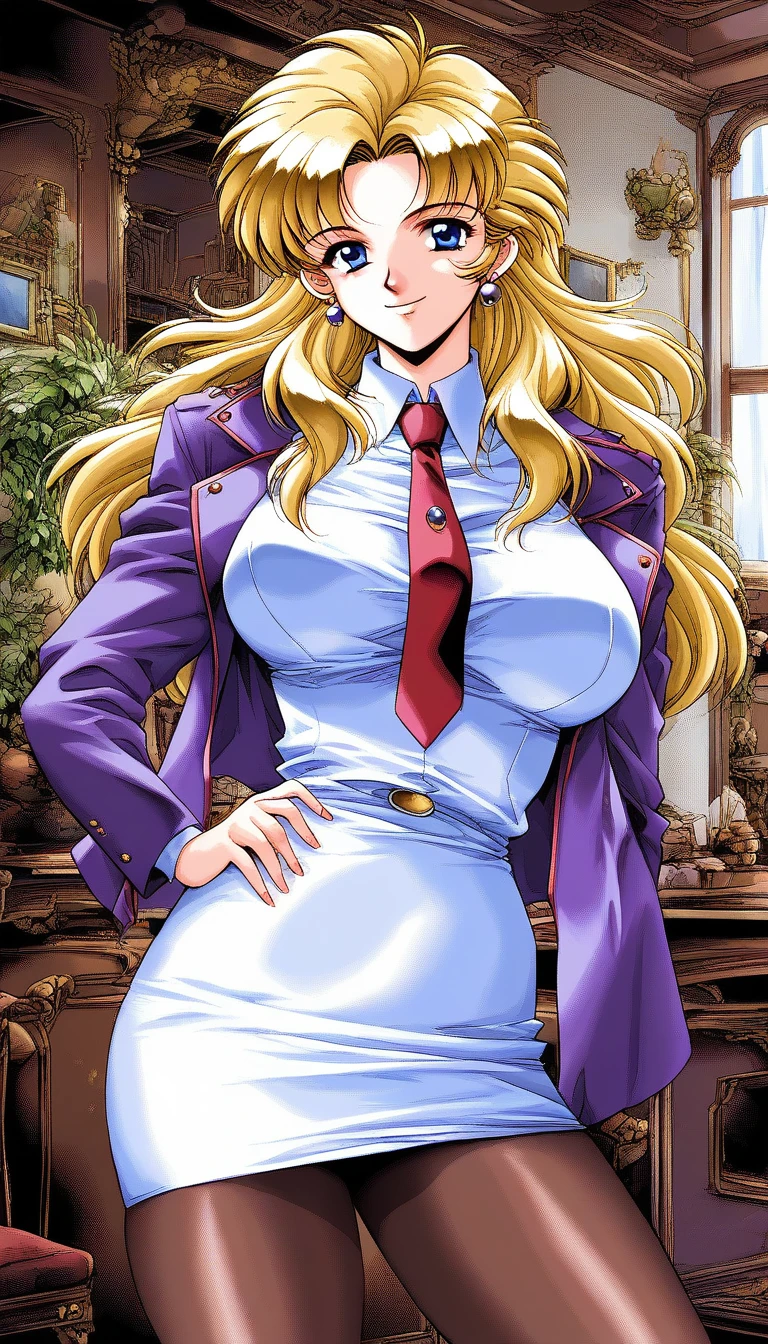 score_9, score_8_up, score_7_up, source_anime, rating_explicit, BREAK <lora:Naitou_Midori_XL:1> Naitou_Midori, blonde hair, blue eyes, jewelry, long hair, earrings, large breasts,
 1girl, solo, necktie, smile, retro artstyle, looking at viewer, purple jacket, red necktie, 1990s (style), skirt, shirt, pantyhose,
room,