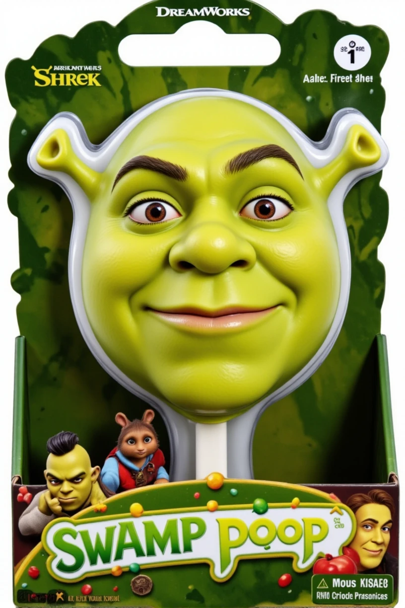 a pop in the shape of Shrek the ogre's head, Shrek from Dreamworks animation, product photo for "SwampPops"