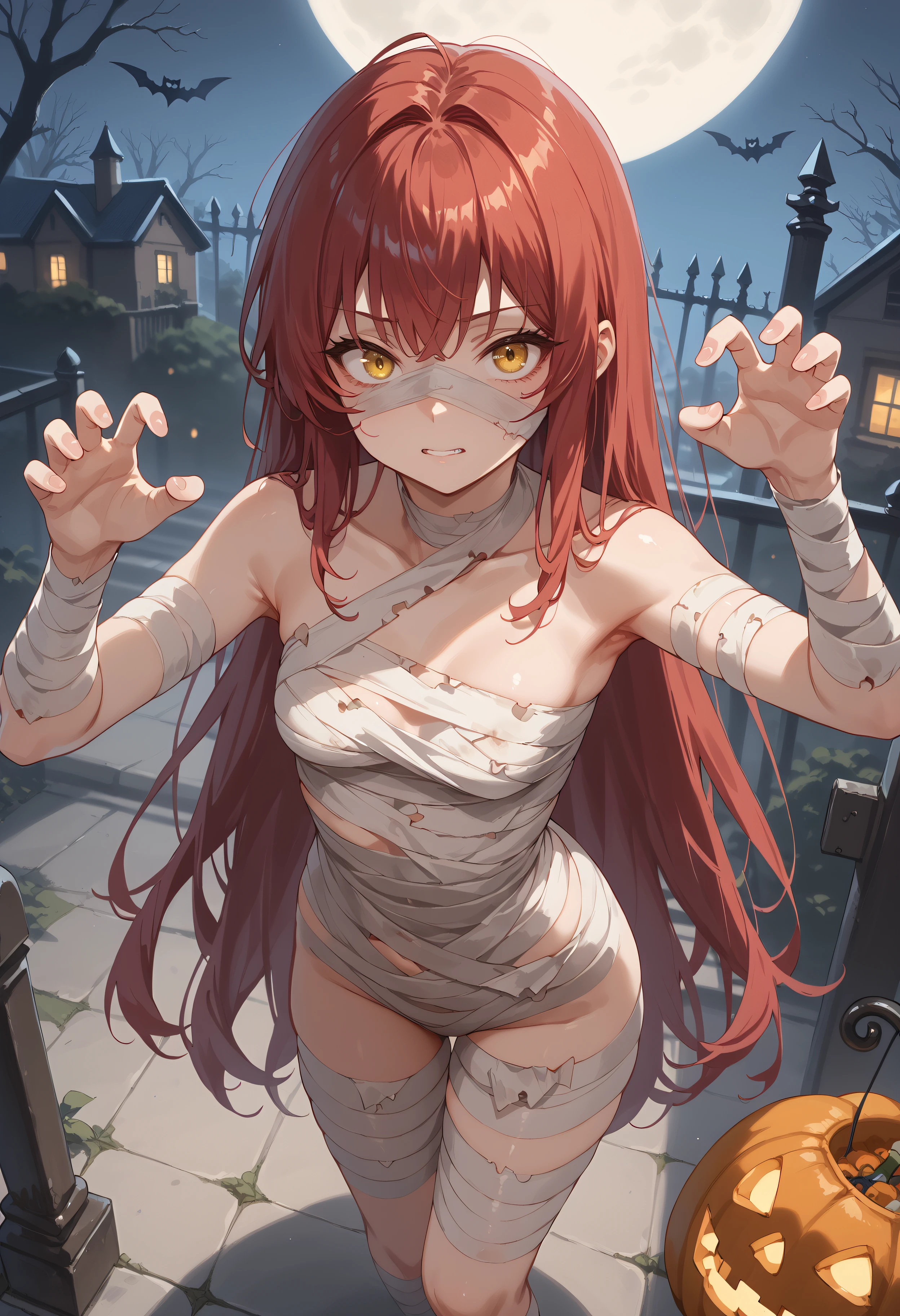 score_9, score_8_up, score_7_up, 1girl, solo, red hair, yellow eyes, very long hair, >:d, small breasts, mummy costume, bandages, halloween, halloween costume, bandaged arm, bandage on face, zombie pose, from above, full moon, outdoors