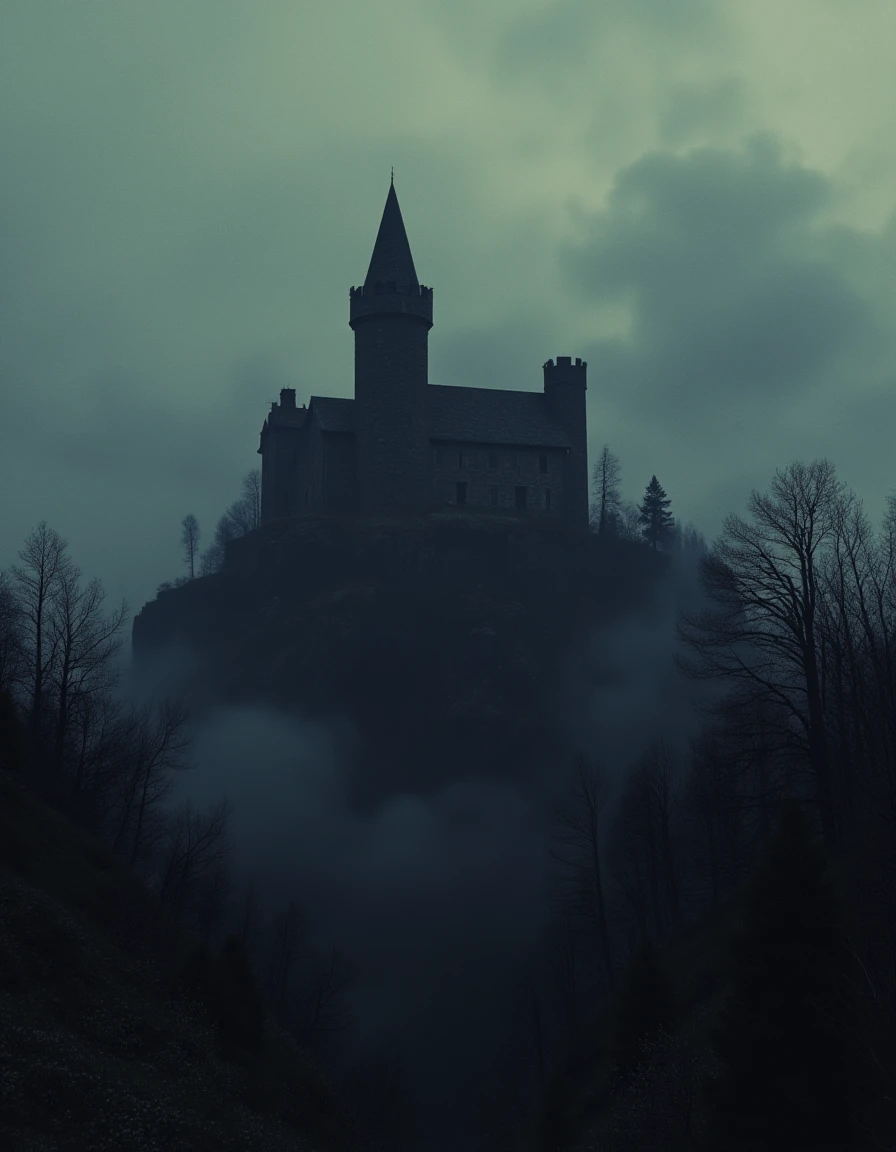 haunted medieval castle on a hill style of novuschroma