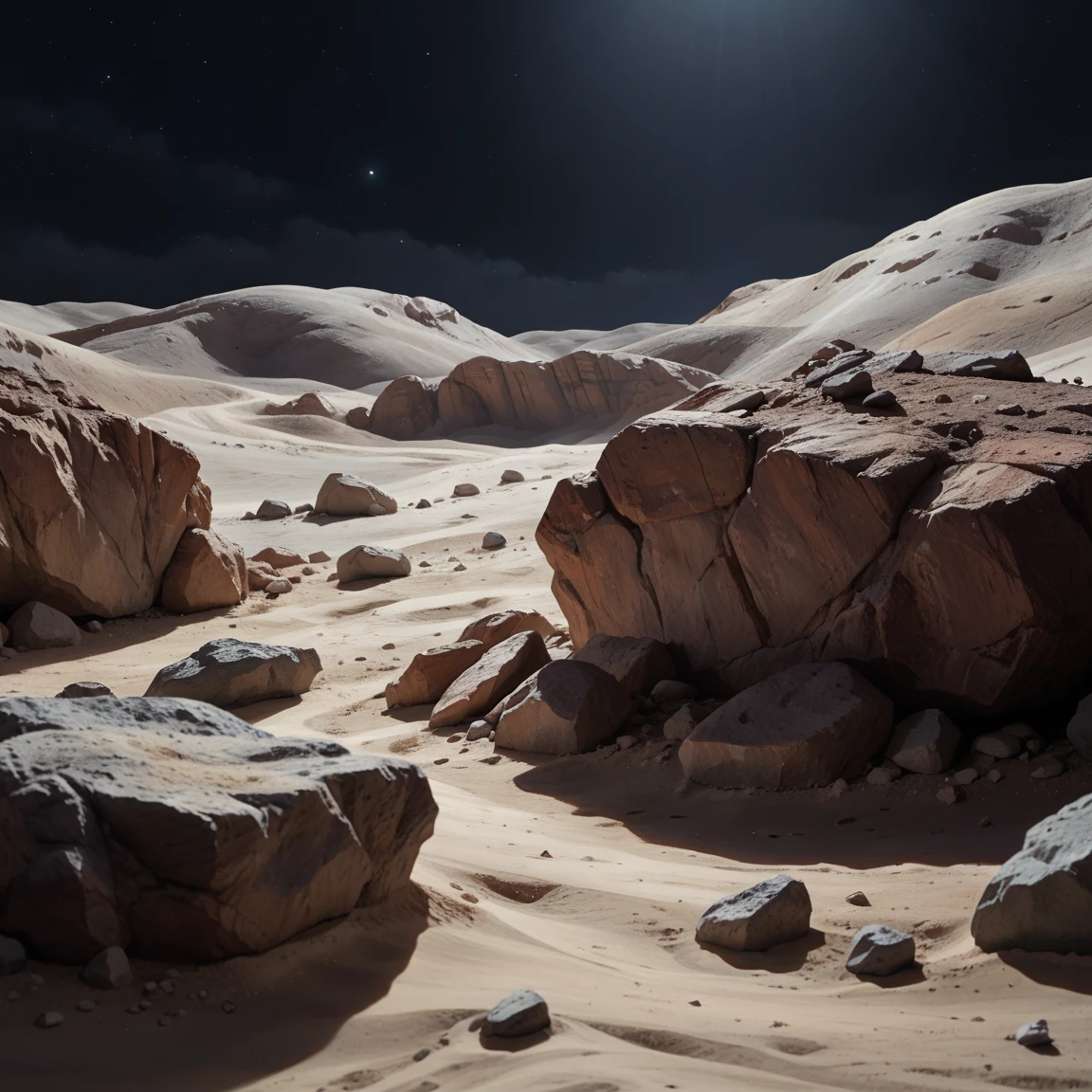 score_9, score_8_up, score_7_up, score_6_up, m00n, scenery, sand, rock, night, close-up to rock, grey colors, depth of field, highly detailed, cinematic lighting, aesthetic