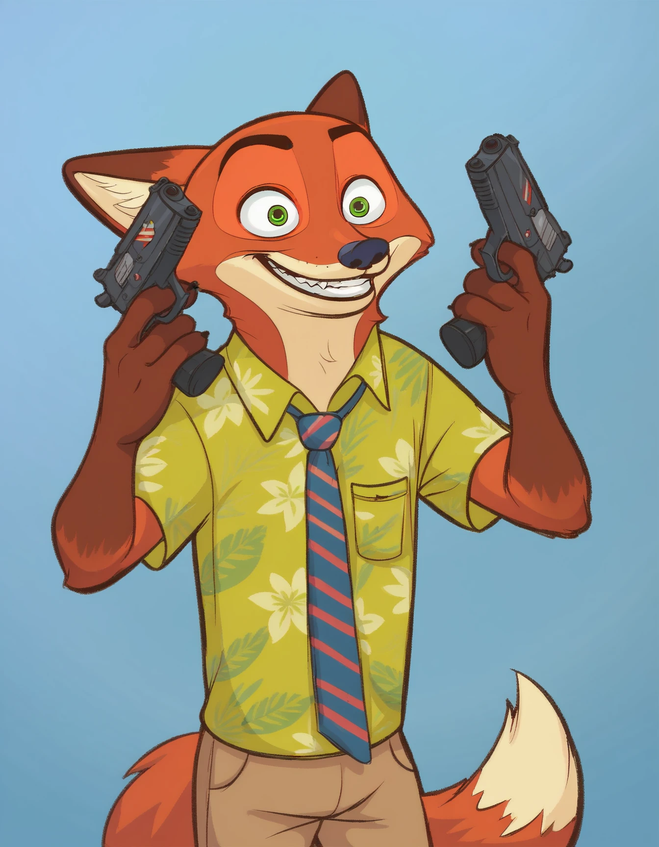 score_9, score_8_up, score_7_up, score_6_up, score_5_up, score_4_up
Nick_Wilde, solo, green eyes, green hawaiian shirt, pants, fox tail, handgun, holding gun, holding weapon, dual wielding, finger on trigger, smile, grin, crazy eyes, outside
<lora:DanielRadcliffeHoldingTwoGunsMeme_pdxl_Incrs_v1:1>
 <lora:Nick_Wilde_XL:0.8>