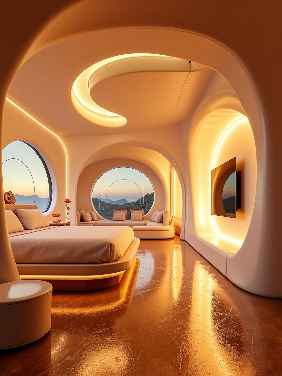 spacebylaushine,futurist-curve space,sci-fi of a warm bedroom in house,reflective wall and floor,illuminated by sunlight,with modern bed and sofa on the left side.There is a high-tech TV on the right wall.