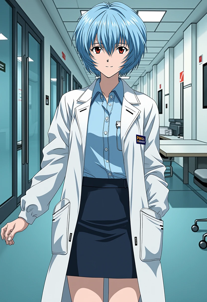 A detailed solo portrait of ppayanamirei, light blue hair,
Anime style, sharp, high contrast and highly detailed.,.
 <lora:evangelion_ayanami_rei_flux_v1_2-000008:1>,
She stands in the lobby of a modern hospital, wearing lab coat, shirt and pencil skirt. She shows a light smile.