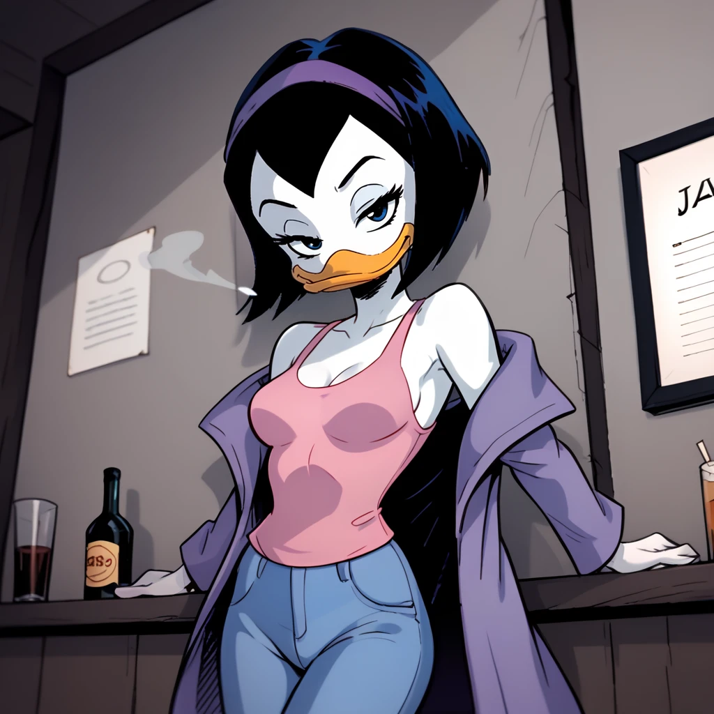 score_9, score_8_up, score_7_up, 1girl, solo, uncensored, kay-k, duck girl, bill, smile, dutch angle, standing, looking at viewer, half-closed eyes,  leaning back, against wall, short black hair, purple hairband, white skin, purple coat, pink shirt, (blue jeans:1.1), indoors, smoke, moody, bar, night club <lora:KayKXL_v1.1:1>