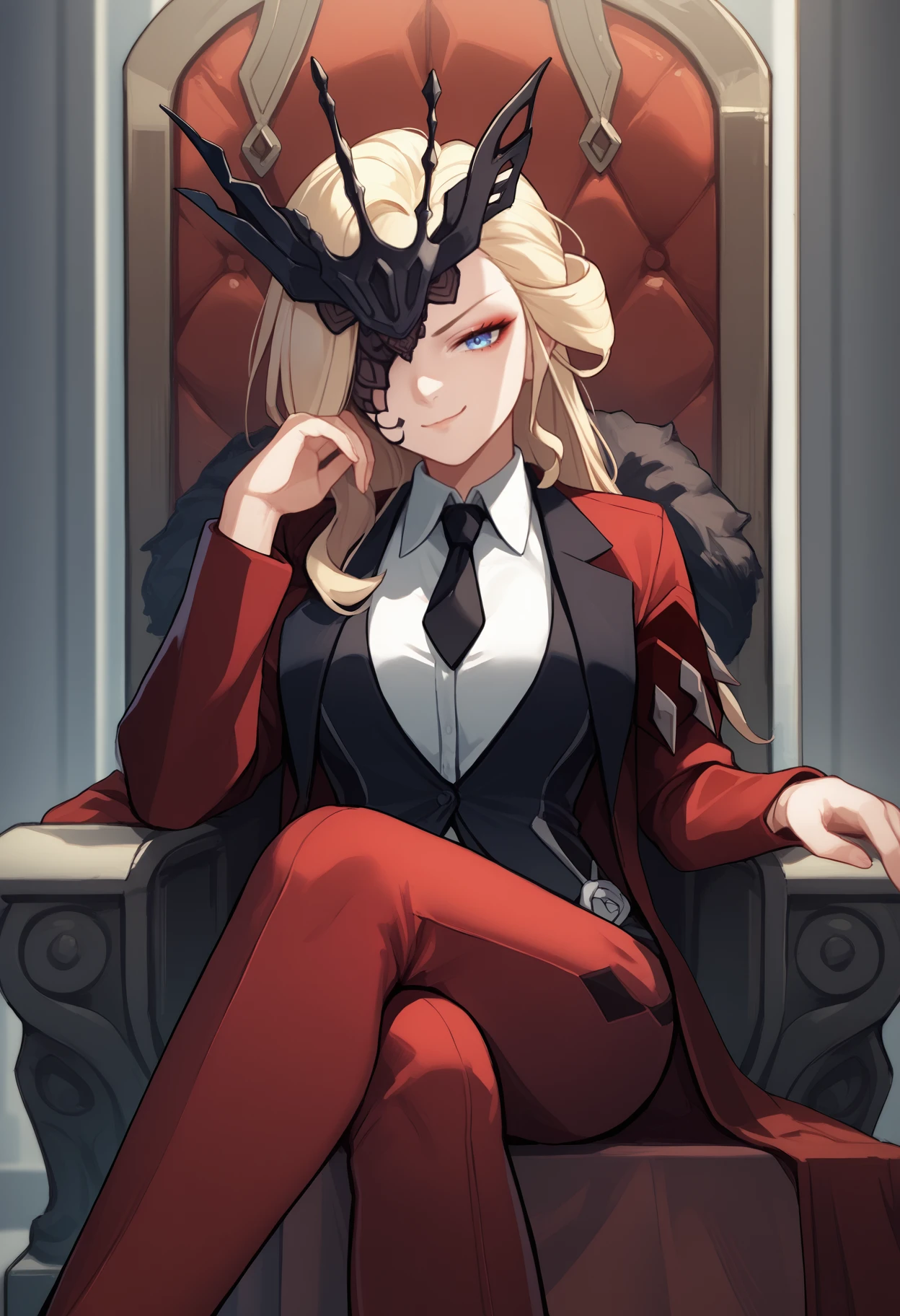 score_9, score_8_up, score_7_up, source_anime, <break> solo, 1girl, sign0ra, smug, looking at you, sitting, throne, crossed legs, makeup, long hair, blonde hair, blue eyes, black mask, half mask, one eye covered, formal, red suit, red jacket, suit jacket, open jacket, black vest, white shirt, collared shirt, black necktie, red pants, indoors
<segment:yolo-face_yolov8m.pt,0.4,0.5//cid=1>