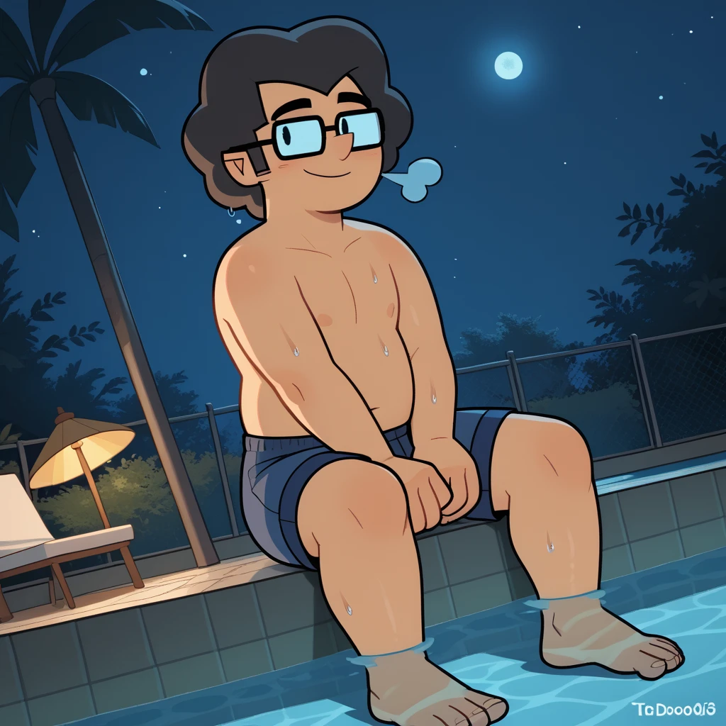 <lora:oliver-v1-09:0.9> cdoliverb, 1boy, solo, glasses, standing, no sclera, young, plump, solid circle eyes, pool, sitting, barefoot, partially_submerged, blue shorts, dutch angle, topless, smile, closed mouth, wet, wet shorts, night, star \(sky\), dark, steam,, score_9, score_8_up, score_7_up, score_6_up, score_5_up, score_4_up