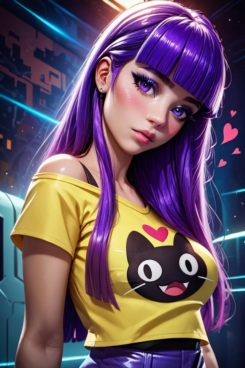 score_9, score_8_up, score_8, medium breasts, (curvy), cute, eyelashes,       BREAK, ,  ,,, zzMiko, long hair, purple hair, blunt bangs, multicolored hair, yellow shirt, short sleeves, t-shirt, print shirt, off shoulder, animal print, jewelry, purple pants, blue jacket around waist,  <lora:MikoKubota_PDXL_v2:0.8>,  ,,,  , BREAK,  (ultra realistic,32k, masterpiece:1.2),(high detailed skin:1.1),( high quality:1.1), curvy, head tilt, hearts, blush, lips, closed mouth, curvy, head tilt, shiny clothes, (upper body), looking at viewer, bokeh, luminescent background, ,,, embedding:zPDXL, Expressiveh, ,,, <lora:RlAnmPDXL:1.0>,