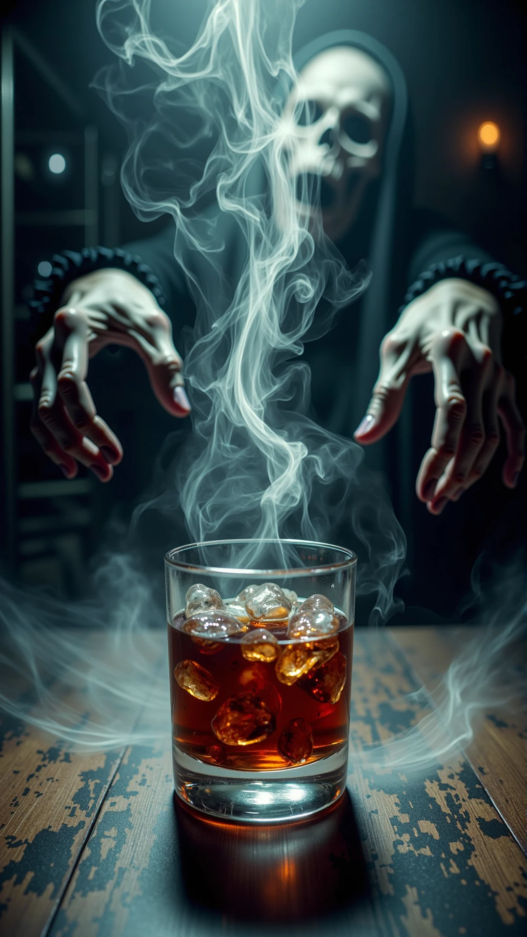 A stunning horror photo of a dark cursed atmospheric smoking AHaunted drink, gas spirit rising up<lora:AHauntedFlux:0.75>