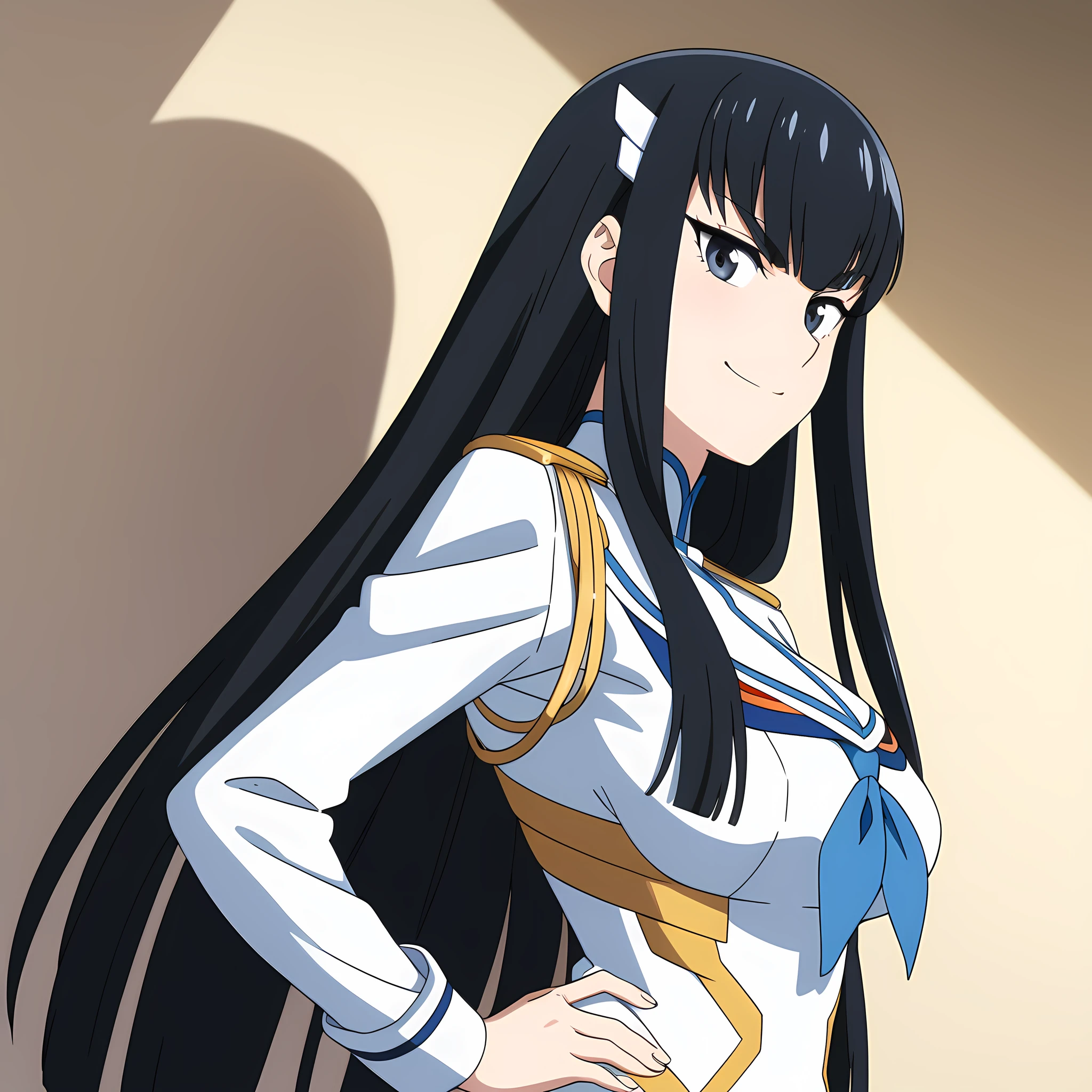 kiryuin_satsuki, black hair, long hair, schooluniform, white uniform, large breasts, black eyes, hand on hip, upper body view, smile, anime coloring, portrait, <lora:Kiryuin_Satsuki_-_Kill_La_Kill:1>, (masterpiece),(best quality),(ultra-detailed),(best illustration),(best shadow),(absurdres),(detailed background),(very aesthetic),