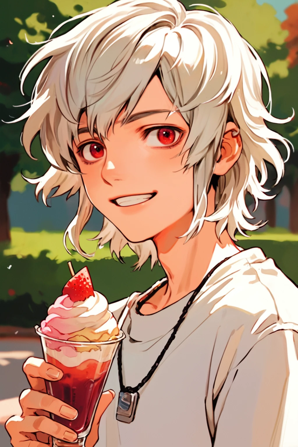 brother one, solo male focus, platinum hair, bob hairstyle, iridescent red eyes, casual clothes, at fun park, parfait, happy, <lora:brotheronePXL:0.6>, (score_9, score_8_up, score_7_up)