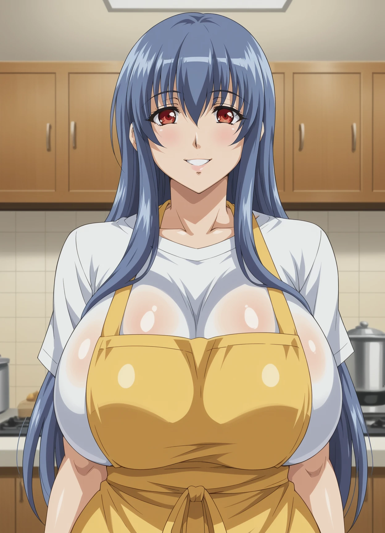 best quality, high resolution, 1girl, (huge breasts:1.2), blue  hair, long hair, put your hands on your chest, white nurse, medical room, A smile, blush, closed mouth, (cum:1.8)