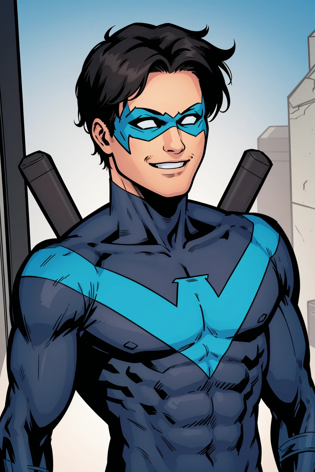 Nightwing,1boy,solo,black hair,short hair,domino mask,no pupils,black and blue bodysuit,superhero, upper body, smile, smile, masterpiece, Best quality