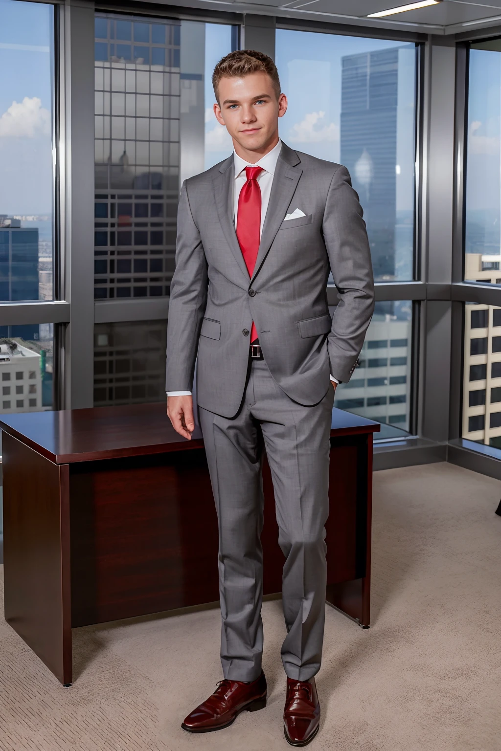 corner office in a tall skyscraper, standing next to a desk, JackWaters is an investment banker, wearing a business suit, white shirt, red tie, dark gray jacket and slacks, dark gray socks, dress shoes, (((full body portrait))), wide angle  <lora:JackWaters:0.8>