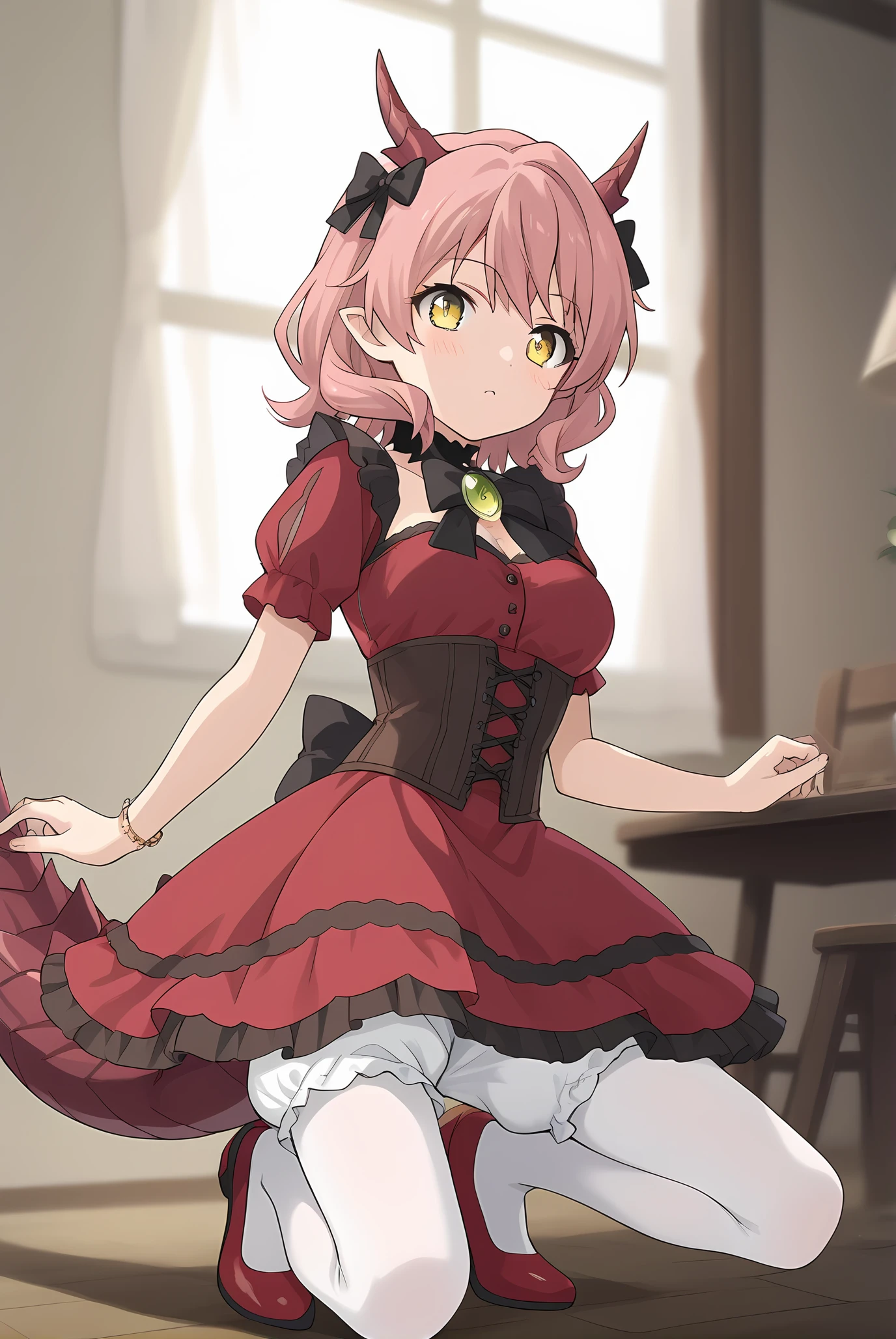 (red dress black bow brown corset white pantyhose bloomers red flats:1.30), km-hanako, yellow eyes, pink hair, medium hair, short horns, dragon tail, medium breasts, 1girl, solo, skinny, score_9, score_8_up, score_8, score_7_up, score_7, score_6_up, score_6, score_5_up, score_5, source_anime, blush, indoors, (0.2:close-up depth of field:1.20), (:1.20), feet, <lora:km-hanako-V01-000003:0.80>