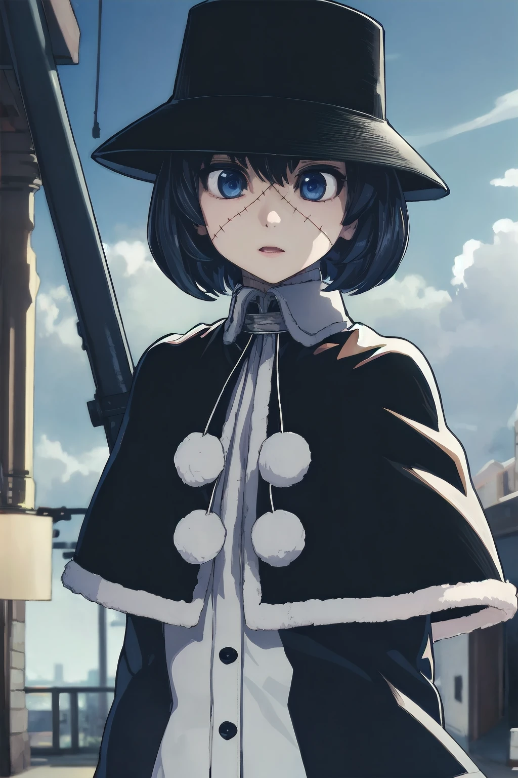 (Highres), (Detailed Illustration), Ultra-Detailed, 8k, detailed background, best quality, masterpiece, comic,novel illustration, backlighting, detailed cloudy sky, (masterpiece),best quality,official art, extremely detailed CG unity 8k wallpaper,1girl, solo, ultra high res, veronika , short hair,stitches, hat, black hair, bandages, blue eyes ,coat,capelet,face focus, <lora:veronika:0.9>,