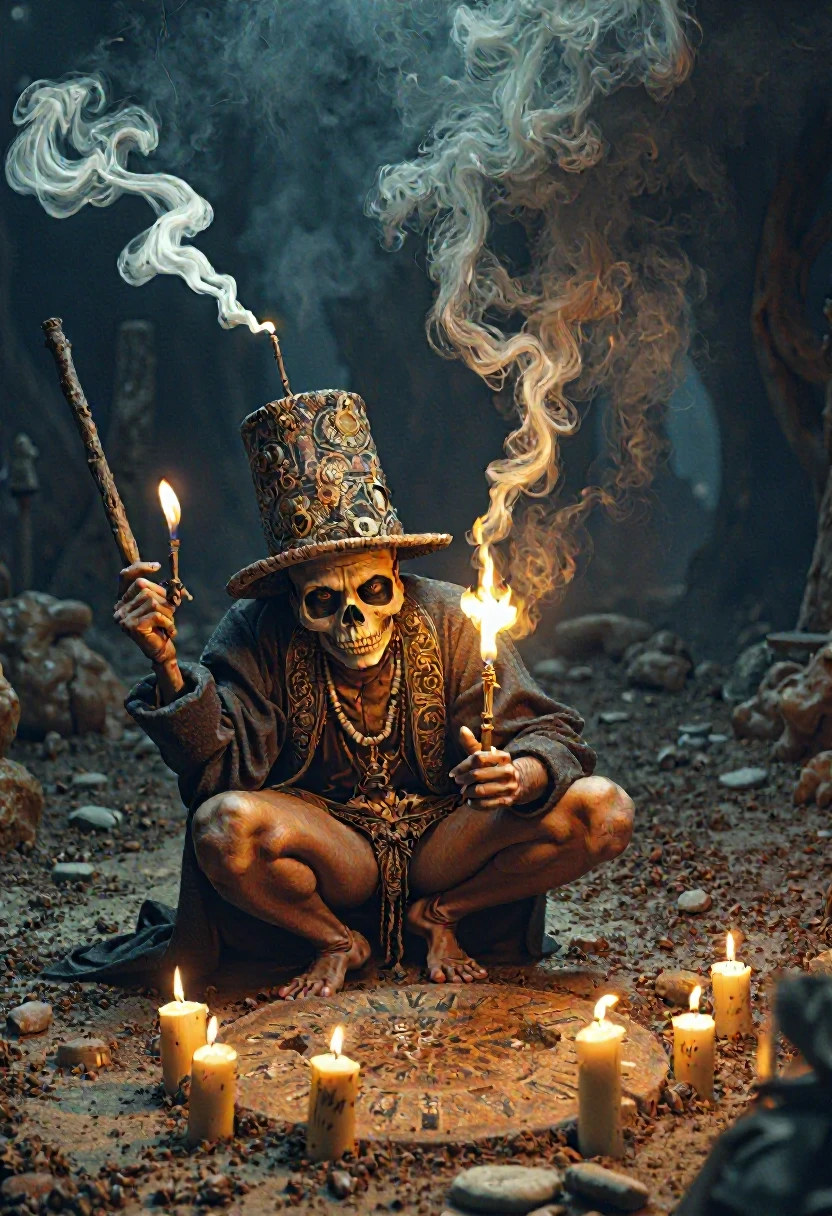 8k , uhd, masterpiece , baron_samedi,An intense  photo of Baron Samedi performing a voodoo ritual. He holds a cane and a lit cigar, his skeletal face makeup glowing faintly under the moonlight. The ritual scene is bathed in dark shadows, with symbols drawn in the dirt around him.the scene is on a graveyard, Many candles lit around him.